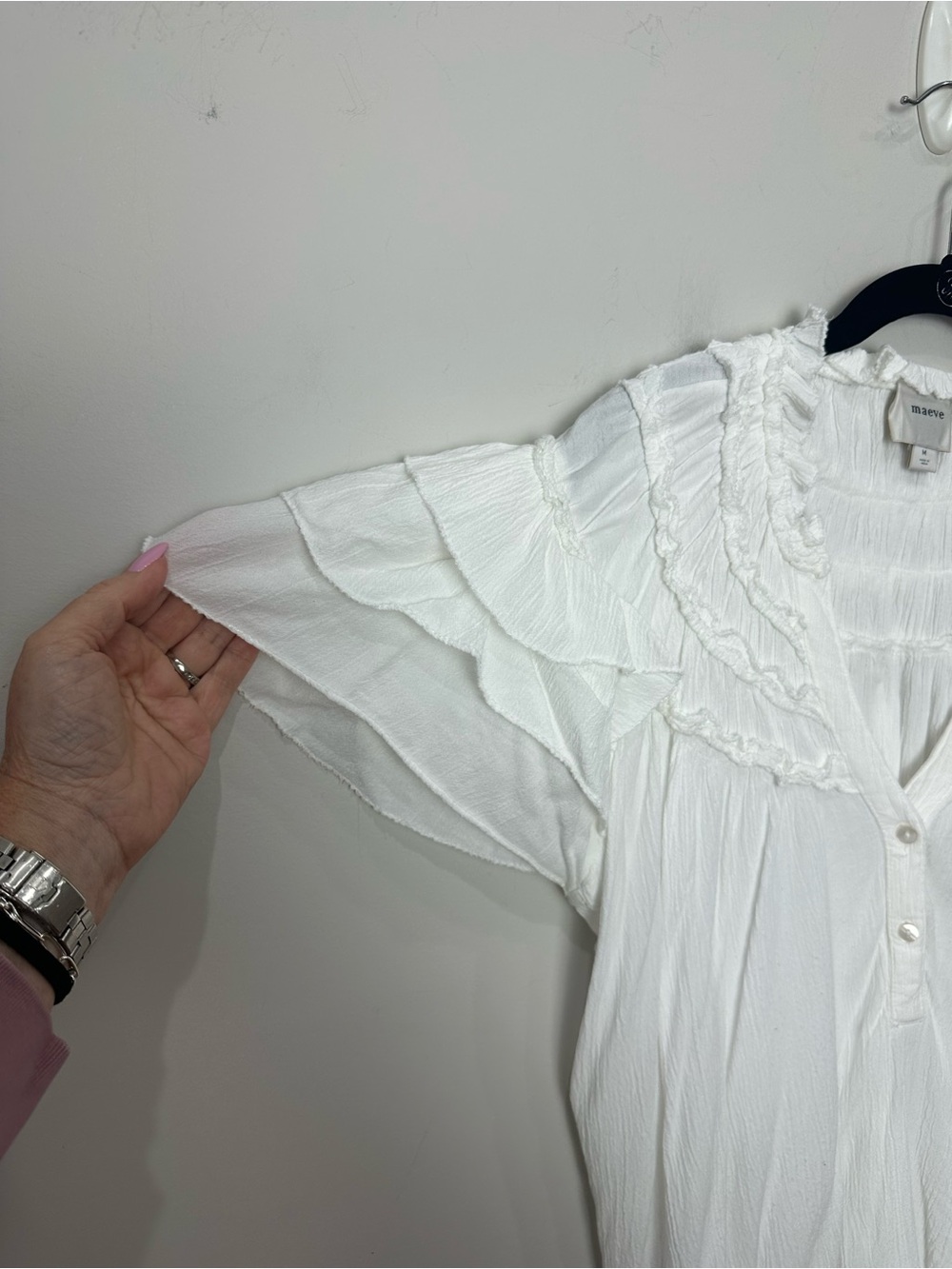 Anthropologie Maeve Short Sleeve Ruffle Yoke Blouse White - Picture 6 of 9